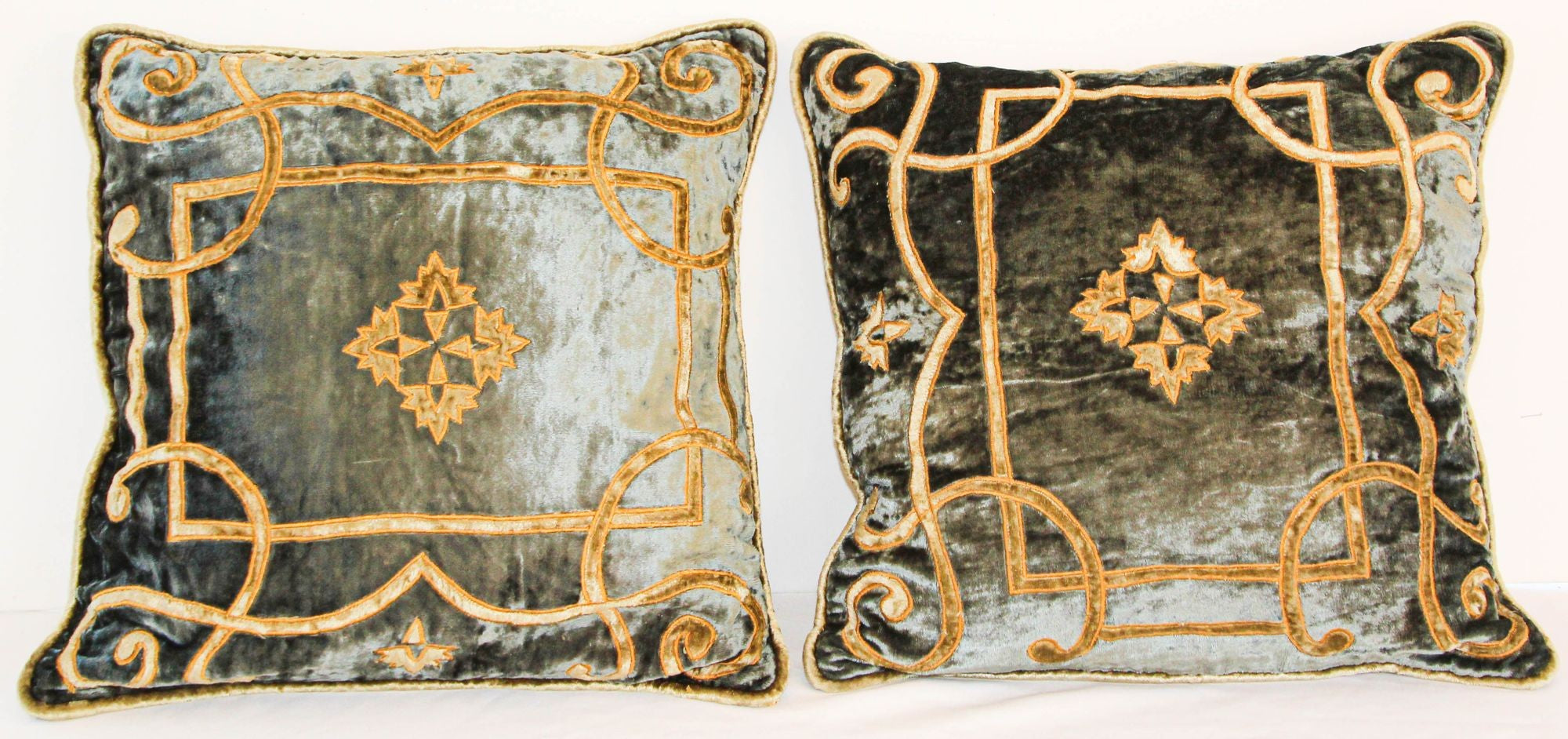 Baroque Venetian Style, Blue and Gold Velvet Pillow, Elaborate Applique Work