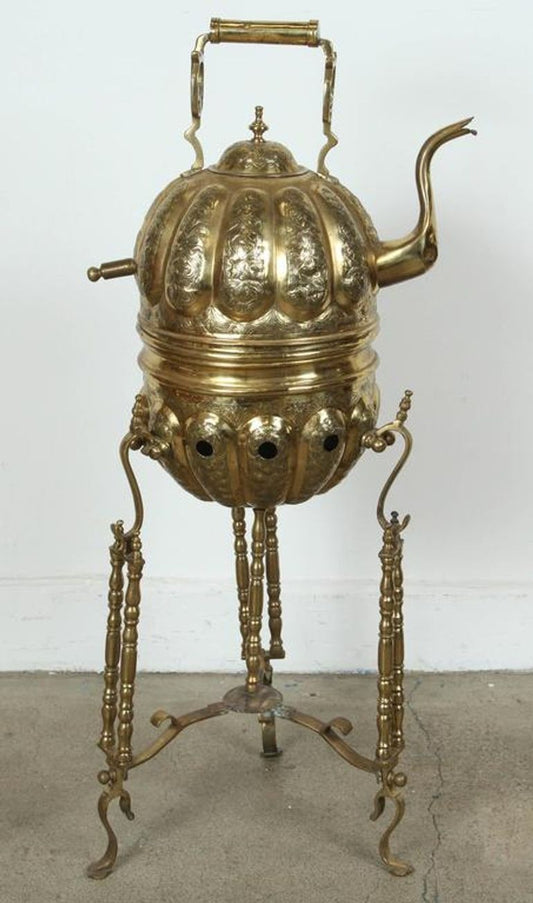 Monumental Moroccan Hand-Chased Brass Ceremonial Kettle on Stand, Fez, 1930