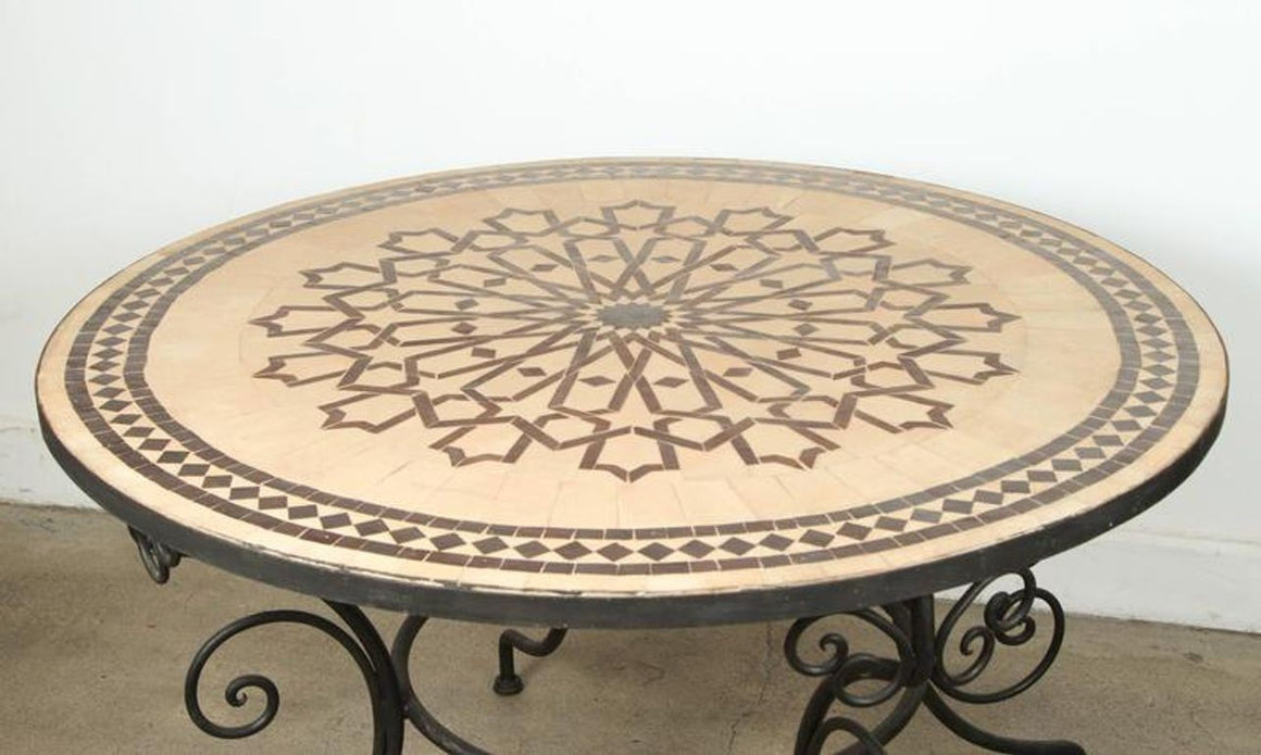 Moroccan Round Mosaic Outdoor Tile Table on Iron Base 47 in