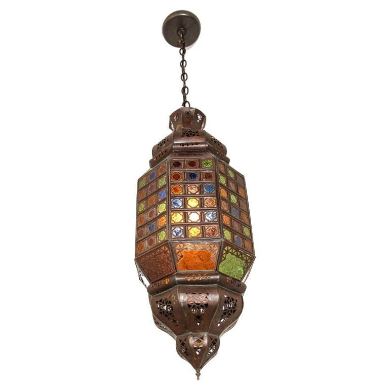Moroccan Hanging Glass Lantern Moorish Metal Light Fixture with Stained Glass