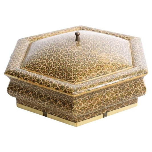 An Anglo Indian Moorish style micro mosaic inlaid jewelry box with lid, featuring floral and geometric patterns in an octagonal shape.