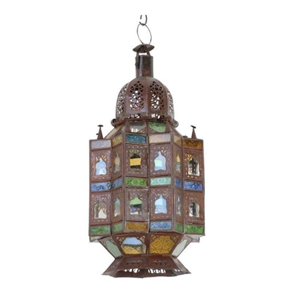 Decorative Moroccan lantern with stained glass panels on a white background