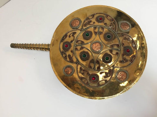 Handcrafted Moroccan Brass Drinking Flask with Glass Stones, 1940