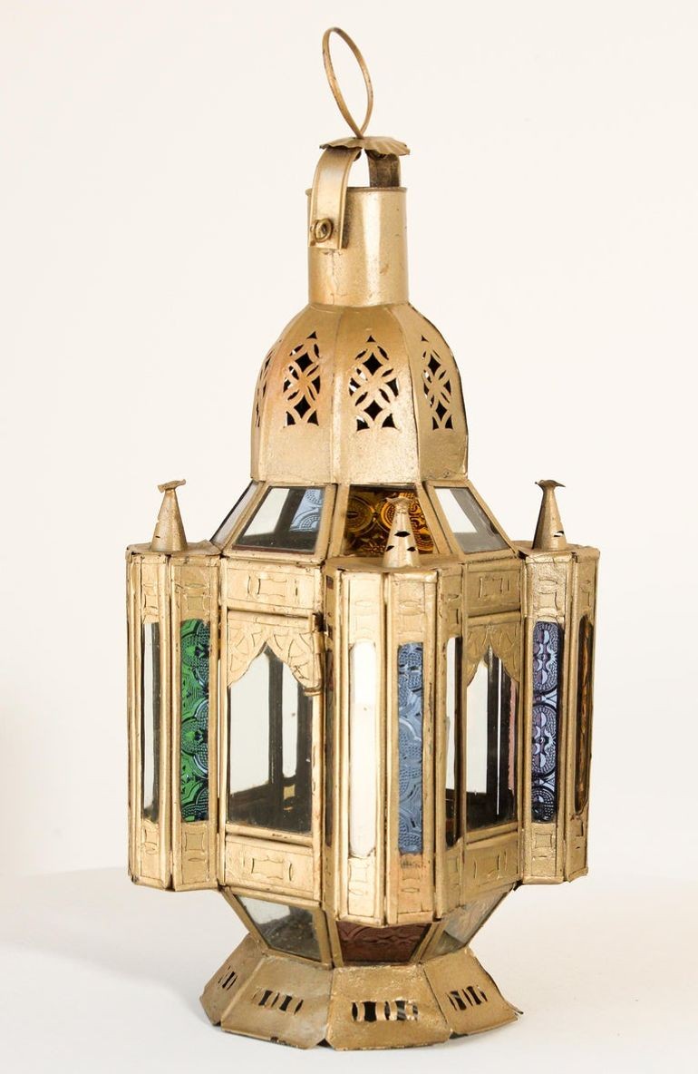 Moroccan Candle Lantern in Moorish Gilt Metal and Glass