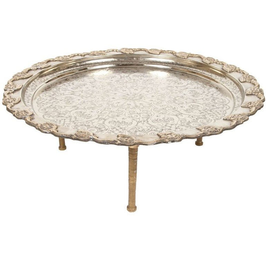 Antique Moroccan Silver-Plated Tea Tray Table on Removable Legs Fez, circa 1920