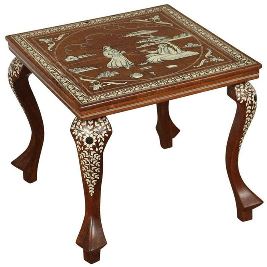 Anglo Indian Mughal Teak Inlaid Side Table, Handcrafted, India, 1950s
