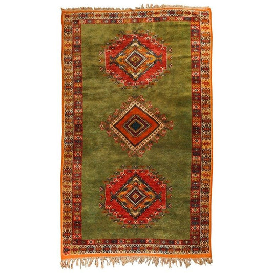 1960s Moroccan Beni M'Guild Berber Rug in Green, Orange and Coral, 5'1" x 8'8"
