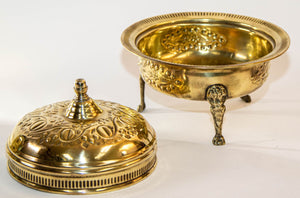 1940s Antique Round Moroccan Brass Serving Dish with Dome Lid and Paw Lion Feet.
