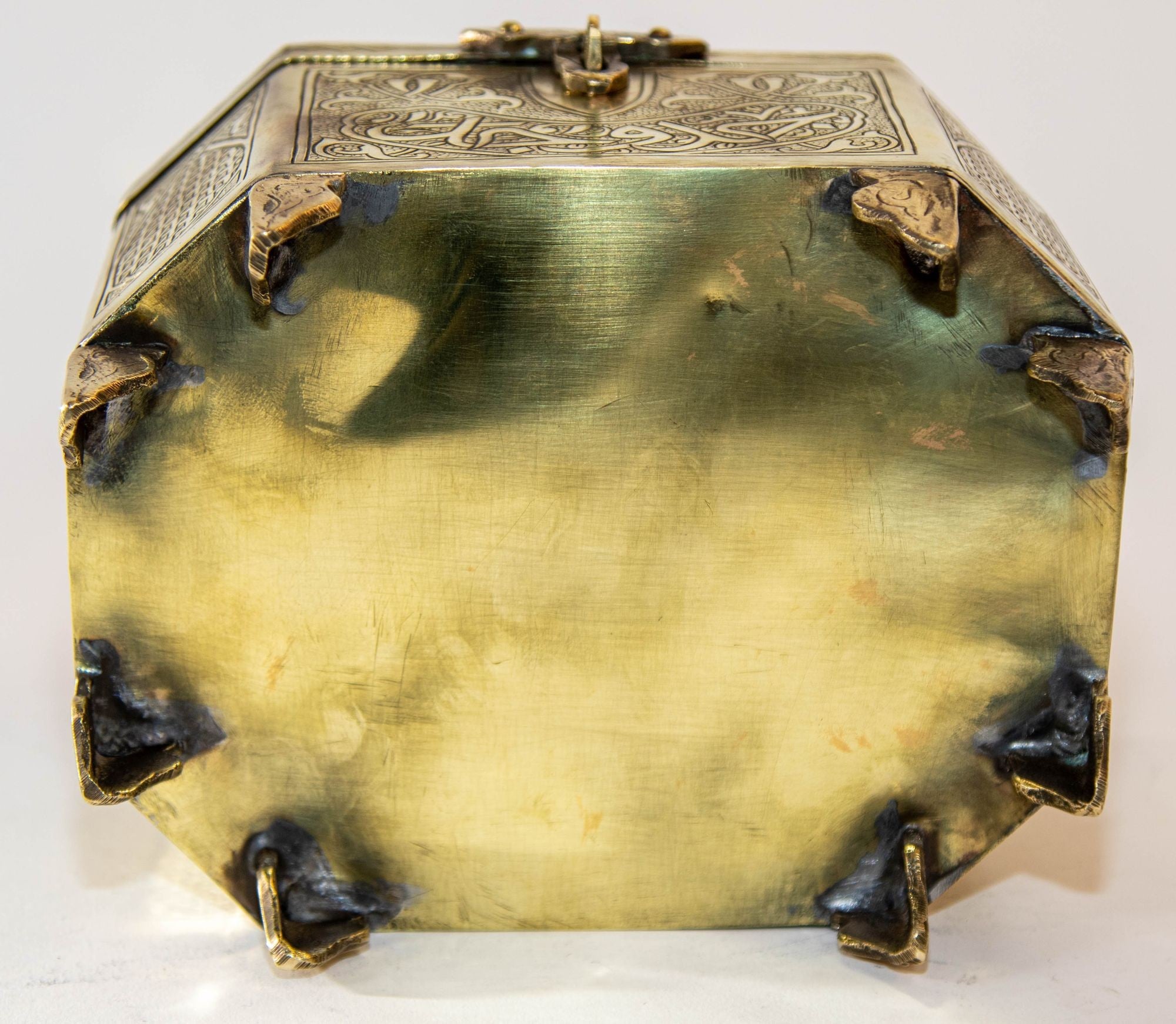 Persian Brass Jewelry Box in Mamluk Revival Damascene Moorish Islamic Style 1920