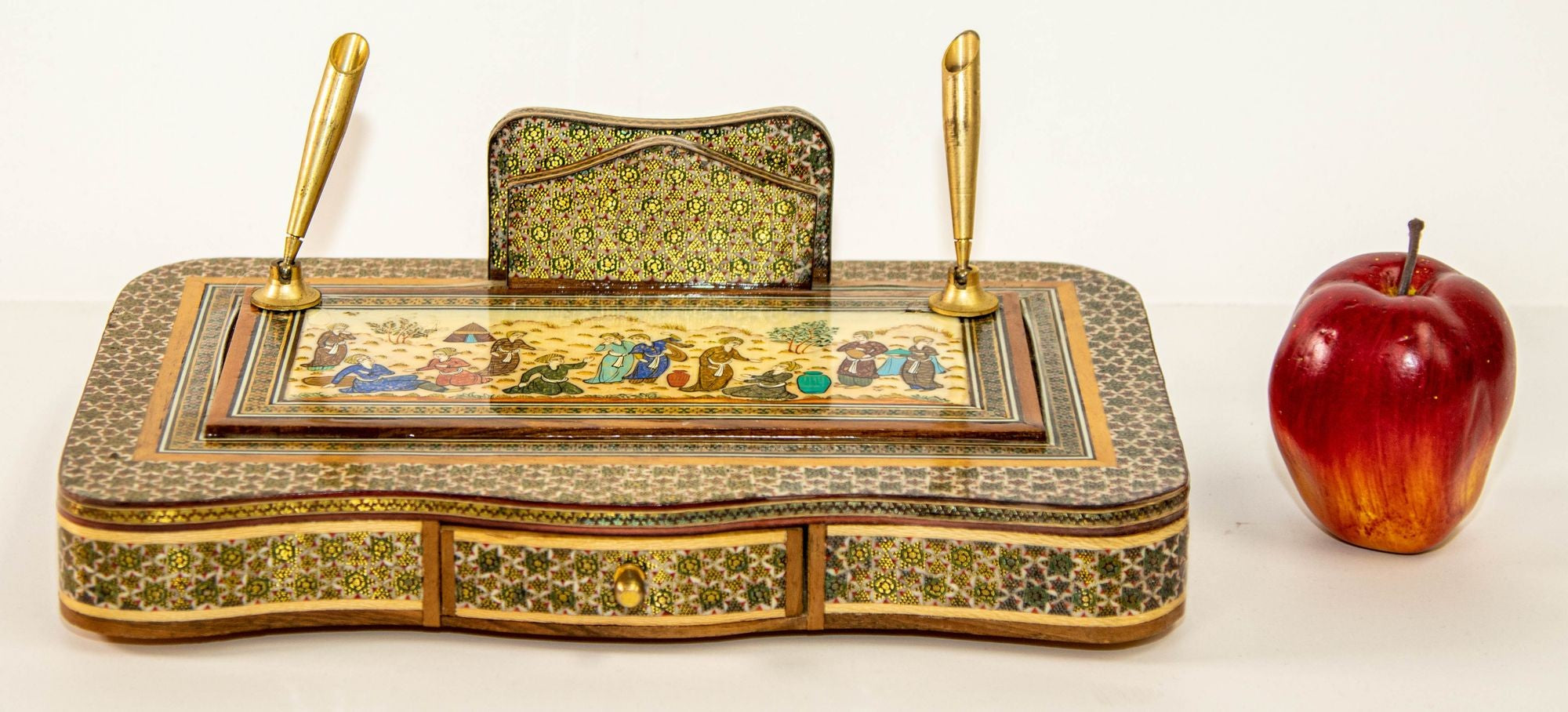 Vintage 1950s Persian Khatam Hand Painted Pen and Letter Desk Set