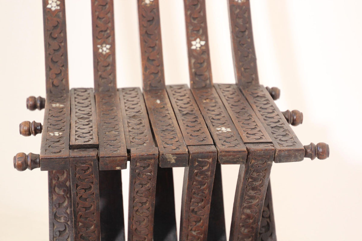 Antique Egyptian Moorish Carved Walnut Mother-of-Pearl Inlaid Folding Chair