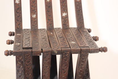 Antique Egyptian Moorish Carved Walnut Mother-of-Pearl Inlaid Folding Chair