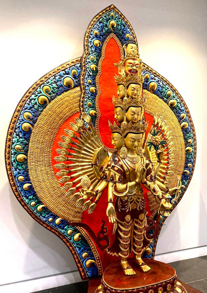 Handcrafted Oversized Gilt and Polychrome Copper Avalokiteshvara Statue, Nepal — detail view 11