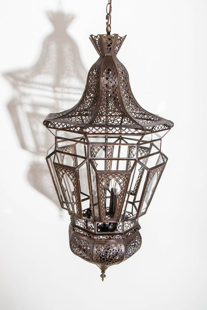 Moroccan Moorish Chandelier, Hand-Crafted Glass & Metal, Vintage 1980