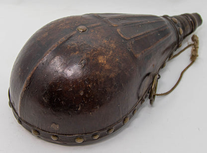 Antique Moroccan Carved Wood and Tooled Leather Powder Flask, 19th Century