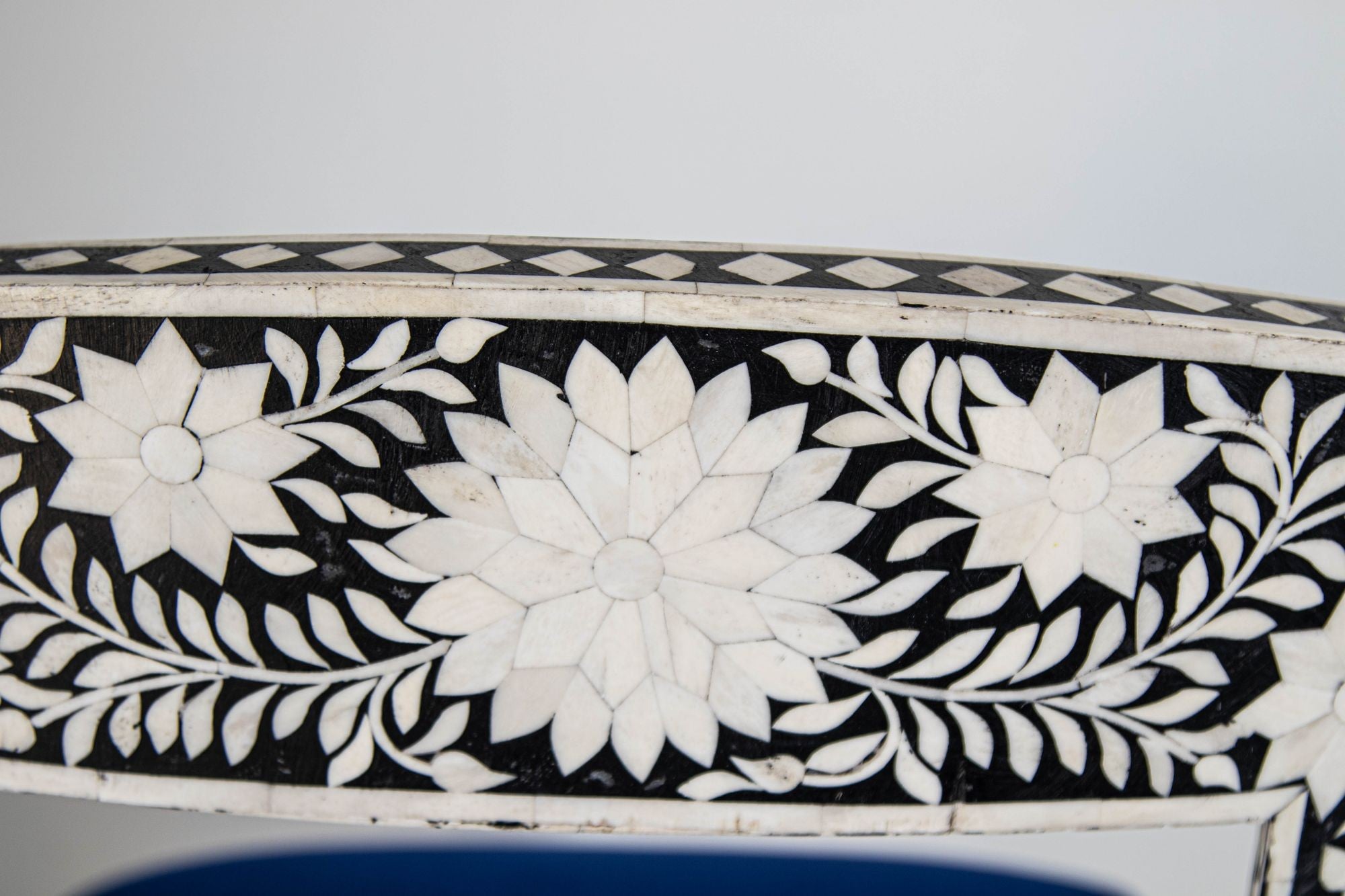 Antique Anglo-Indian Side Chairs with Ram's Head Bone Inlay Royal Blue Seat Pair