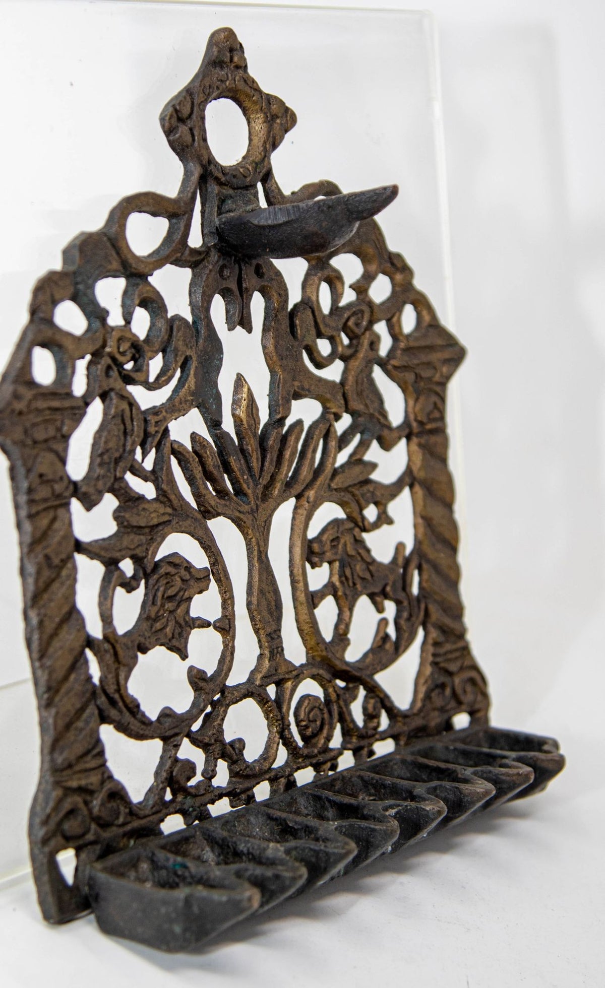 19th Century Moroccan Brass Hanukkah Oil Lamp Menorah, Antique Jewish Judaica