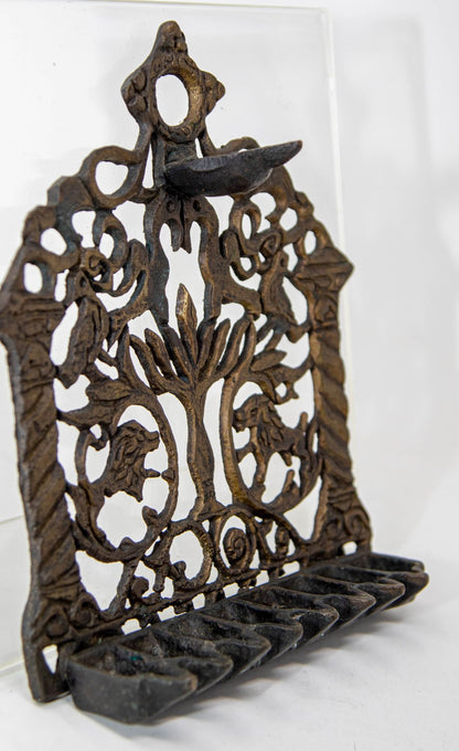 19th Century Moroccan Brass Hanukkah Oil Lamp Menorah, Antique Jewish Judaica