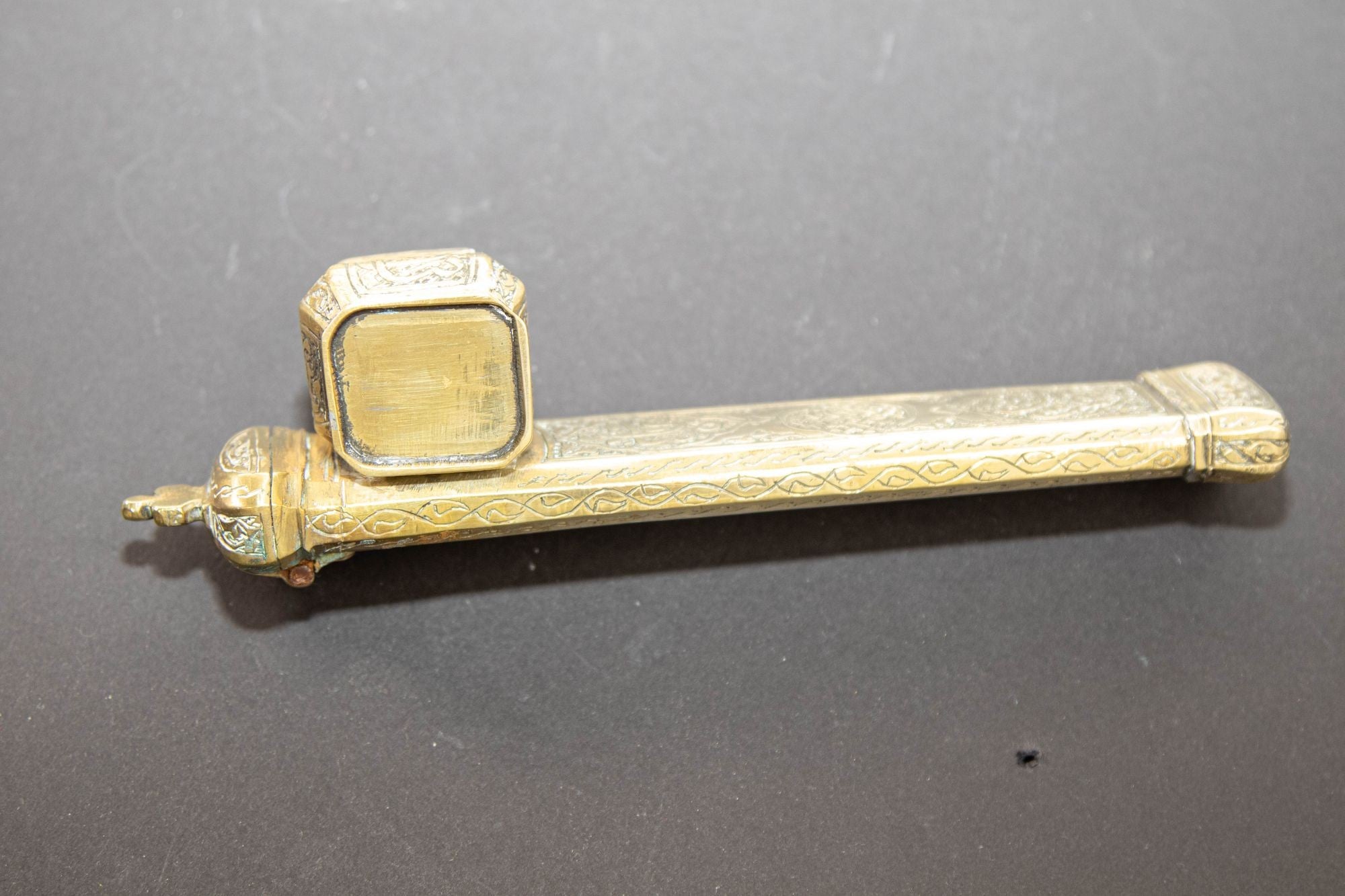 Antique 19th C. Ottoman Turkish Brass Inkwell Qalamdan with Arabic Calligraphy Writing