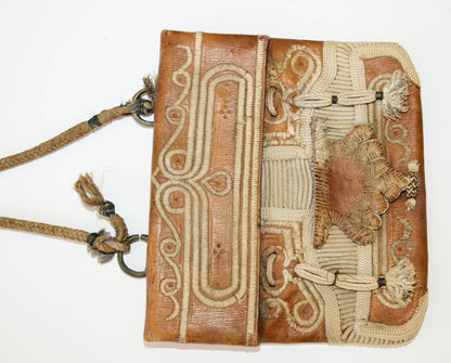 Antique Hand Tooled Leather African Tribal Moroccan Bag Collectible, 1940s