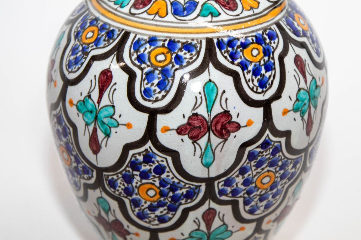Vintage 1940s Moroccan Fez Polychrome Ceramic Water Moorish Hand-Painted Jug
