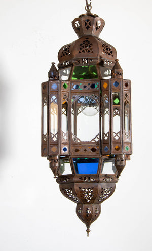 Vintage Moroccan Traditional Moorish Metal and Glass Lantern Ceiling Light