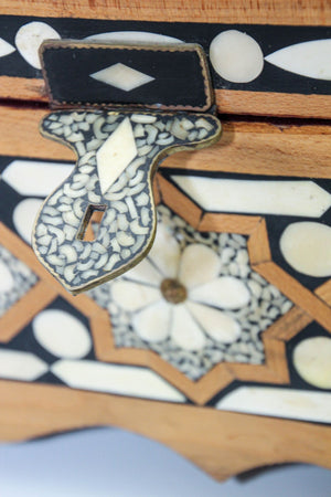 Moroccan Dowry Box Inlaid with White Camel Bone Rectangular Carved Wood Trunk