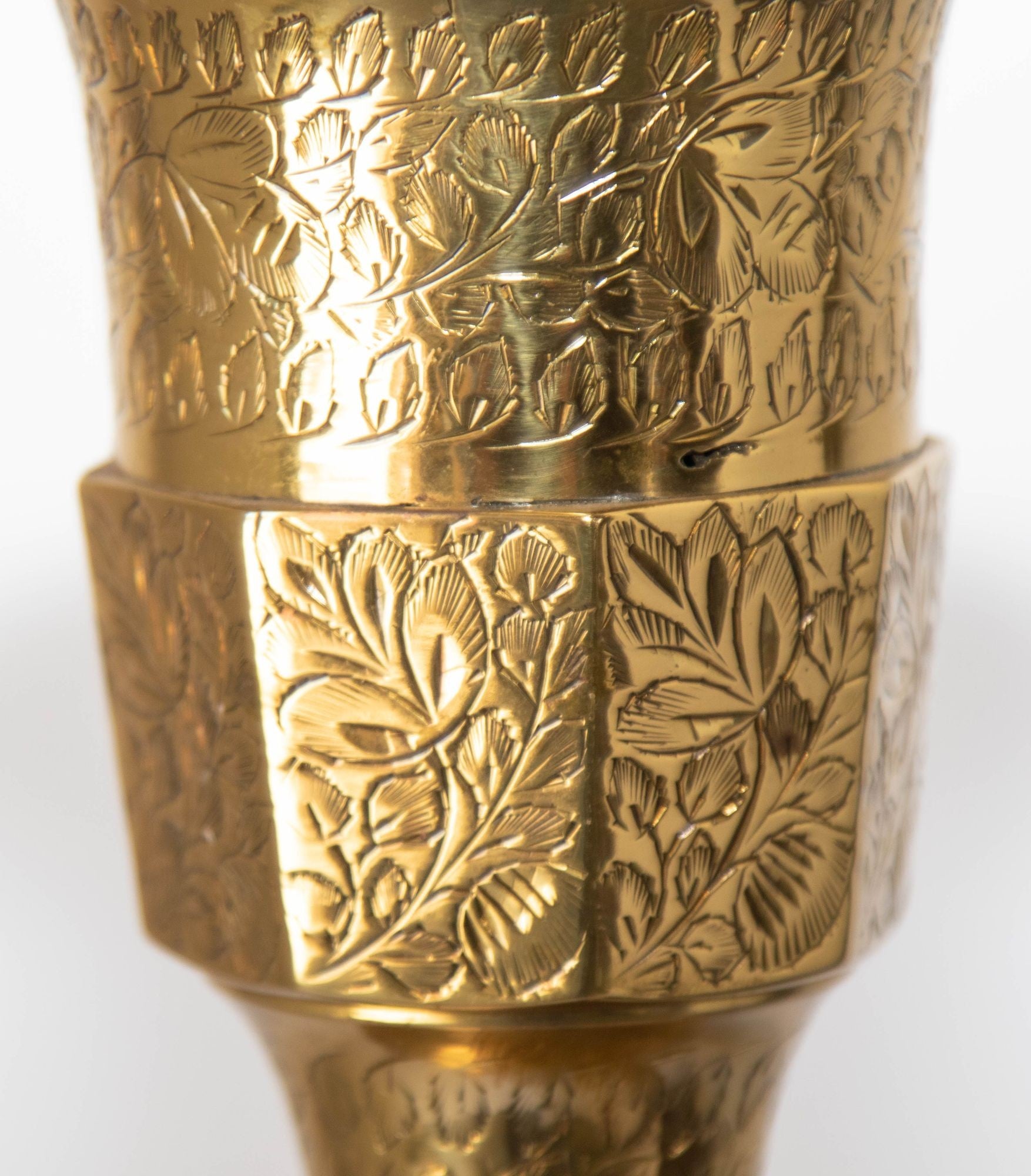 Vintage Polished Etched Solid Brass Candle Holder Table Lamp India