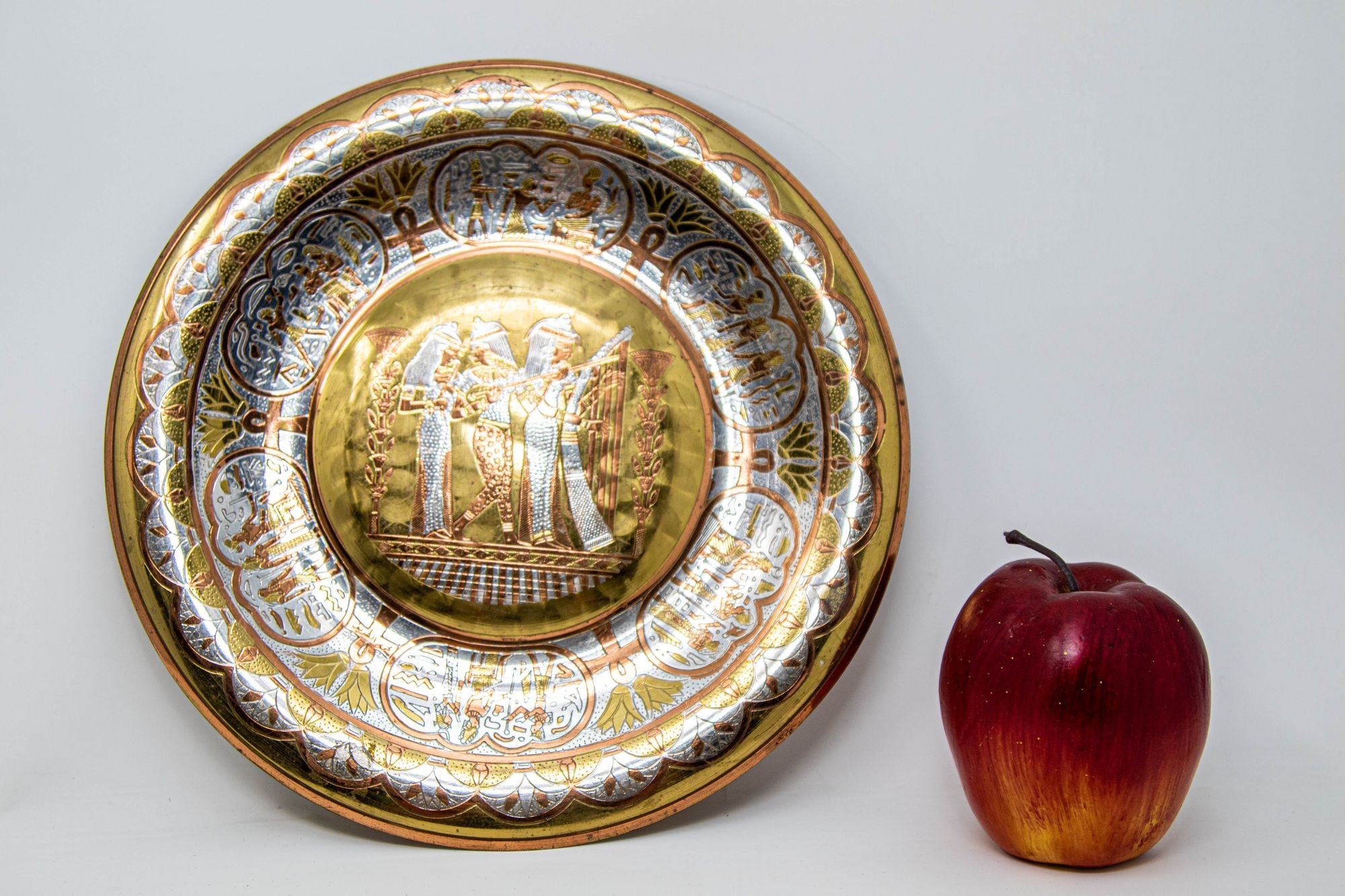 Egyptian Round Brass Tray with Silver and Copper Overlay Wall Hanging 1970