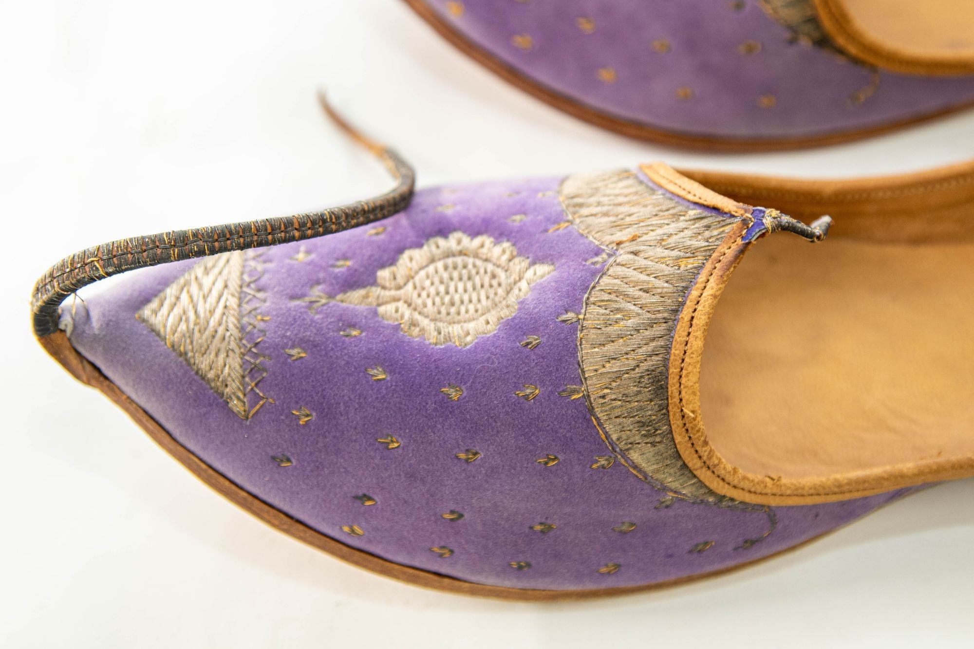 Antique Leather Purple Velvet Suede Mughal Raj Moorish Shoes Gold Embroidered