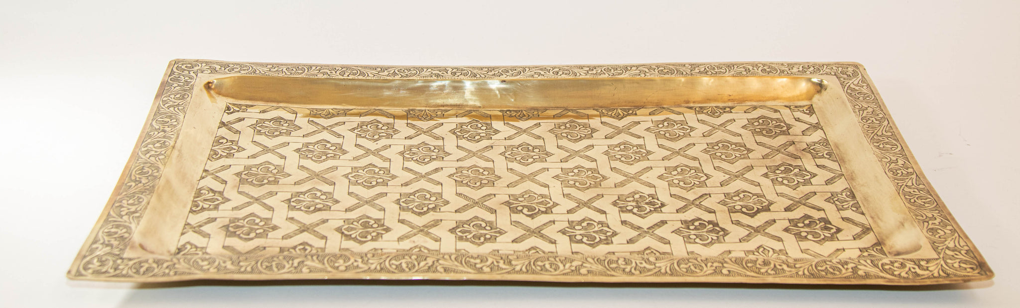 1940s Moroccan Brass Tray Rectangular Shape Polished Gold Brass Serving Platter