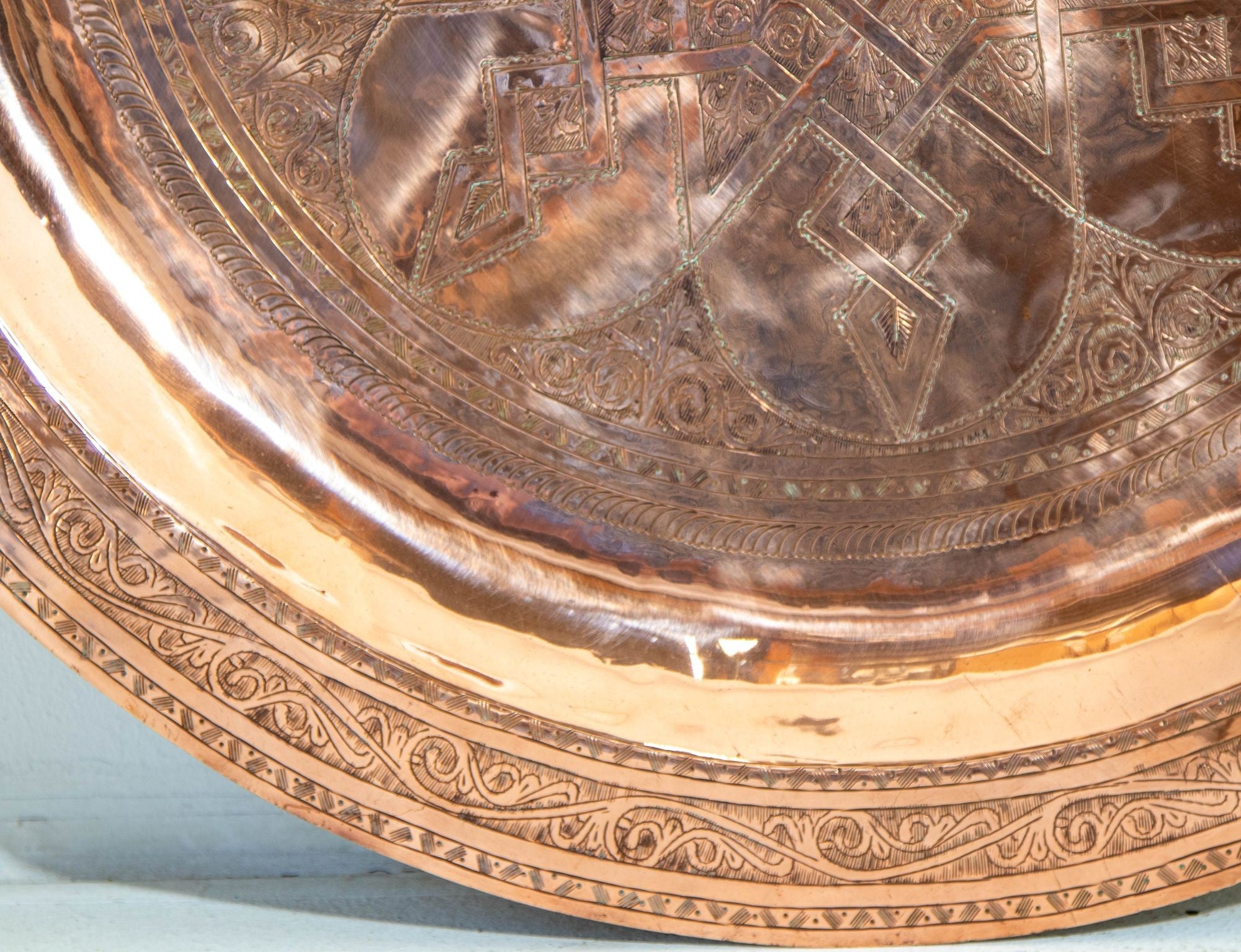 1920s Antique Hand Tooled Oversized Moroccan Metal Copper Tray 31 in. D.