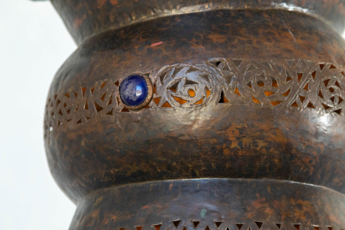 Large Moroccan Moorish Pierced Brass Chandelier with Colored Glass, circa 1940
