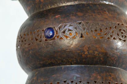 Large Moroccan Moorish Pierced Brass Chandelier with Colored Glass, circa 1940