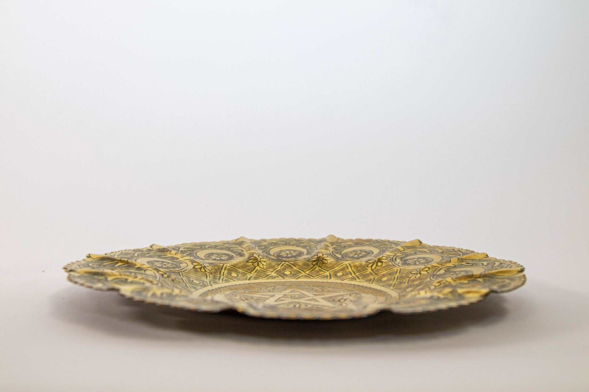 1950s Moroccan Brass Tray with Star and Moon Pattern 13 in. Diameter