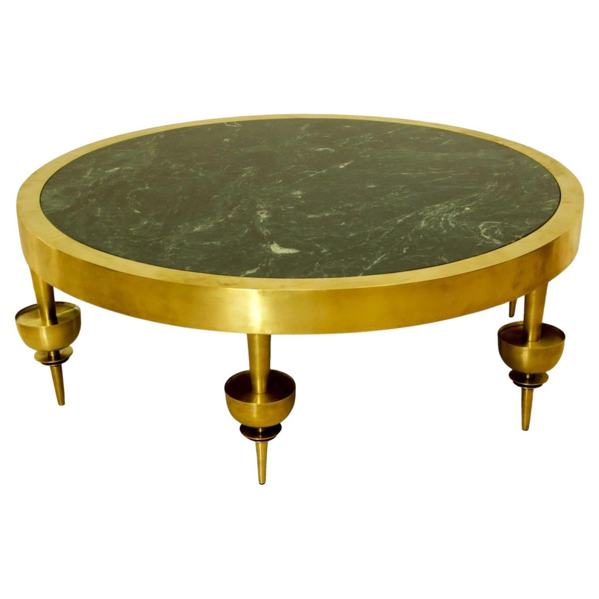 Custom Modernist Art Deco Polished Brass & Green Marble Round Coffee Table, 2010 — detail view 5