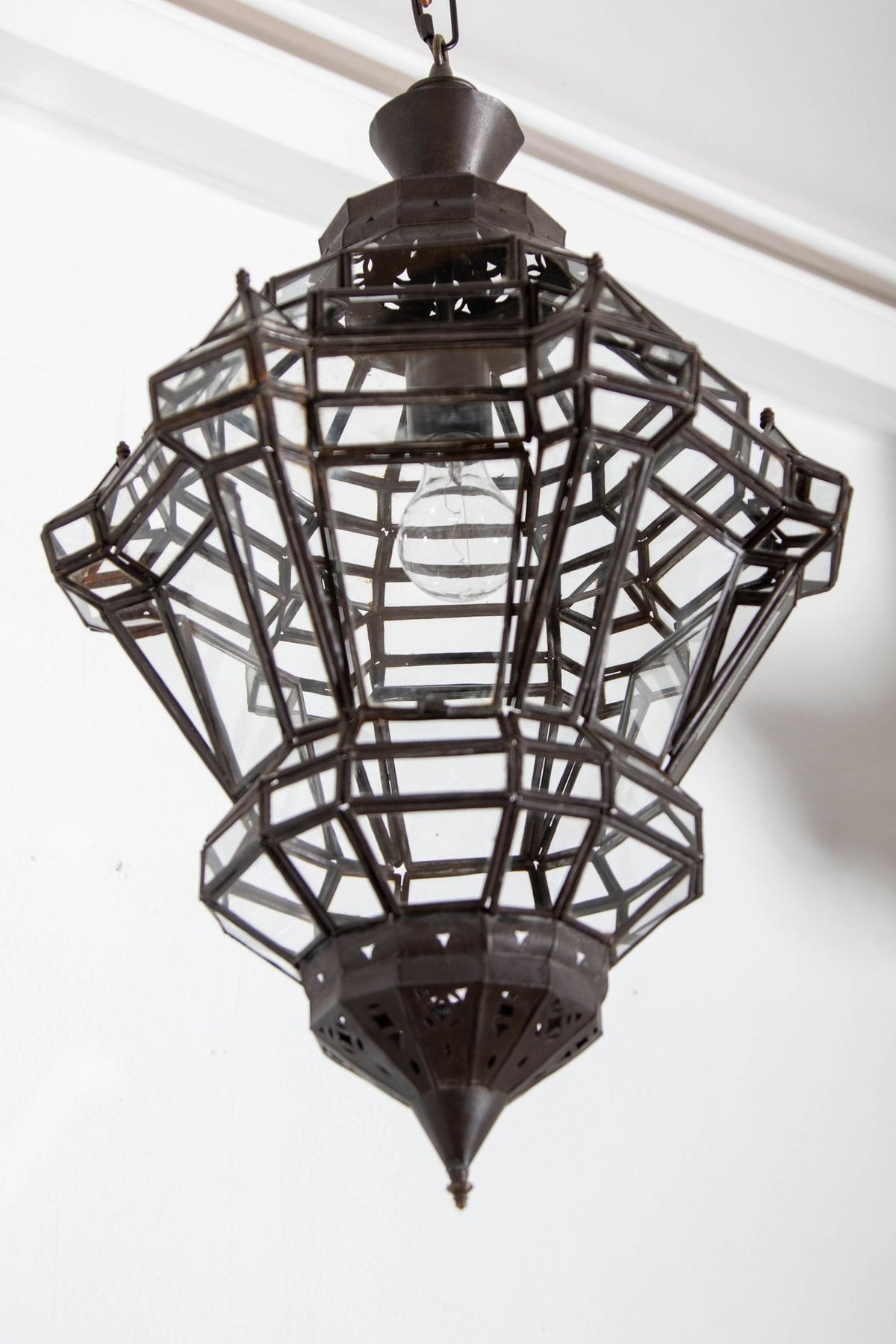 Vintage Moroccan Glass Lantern, Moorish Style Metal Fixture, 1980s