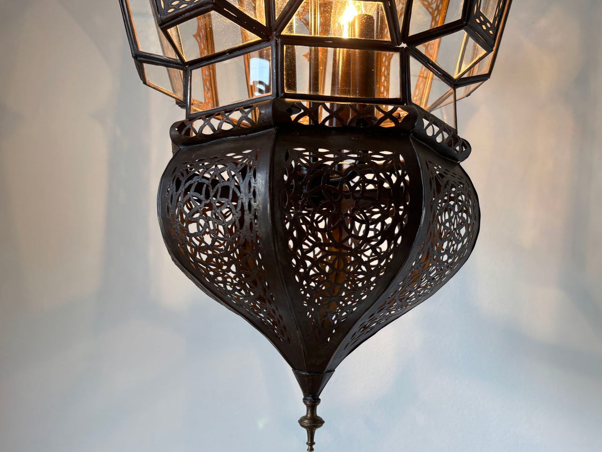 Pair of Large Moroccan Moorish Glass and Filigree Hanging Lanterns