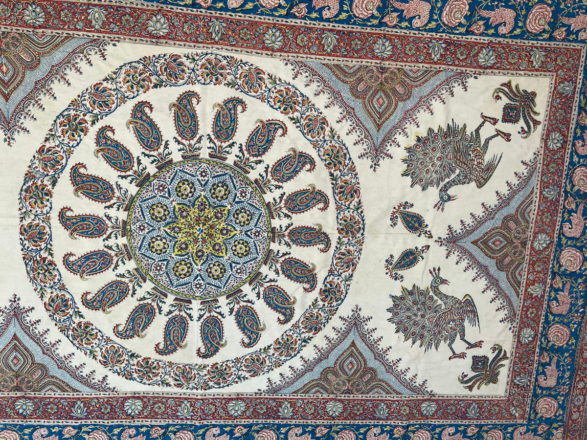 Large Isfahan Ghalamkar Persian Paisley Textile Block Printed 1950s