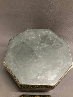 Large Chinese Tea Box Black Lacquered Gilt Hand Painted Octagonal Box 1940s