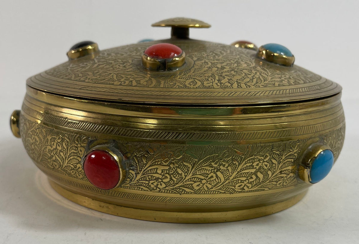 Vintage Moroccan Jewelled Trinket Brass Round Box with Beads