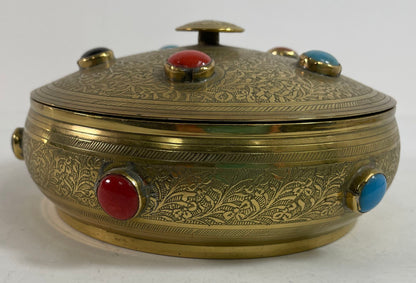 Vintage Moroccan Jewelled Trinket Brass Round Box with Beads