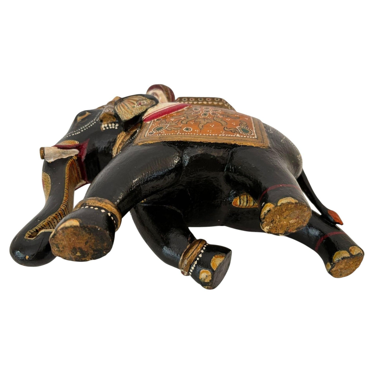 Antique Anglo-Raj Hand-Carved Teak Elephant with Rider Polychrome Sculpture — additional view 5