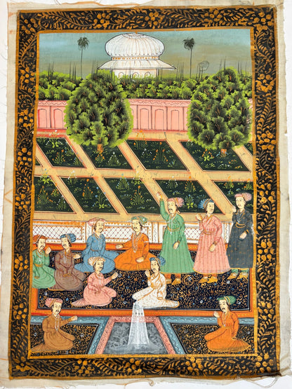 Mughal Court Scene on Silk After a 19th Century Indo-Persian Palace Painting