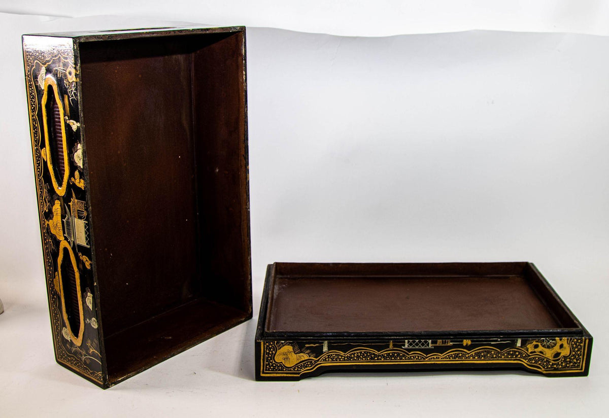 Large Chinoiserie Rectangular Black Lacquered Gilt Painted Covered Box 1950s — additional view 11
