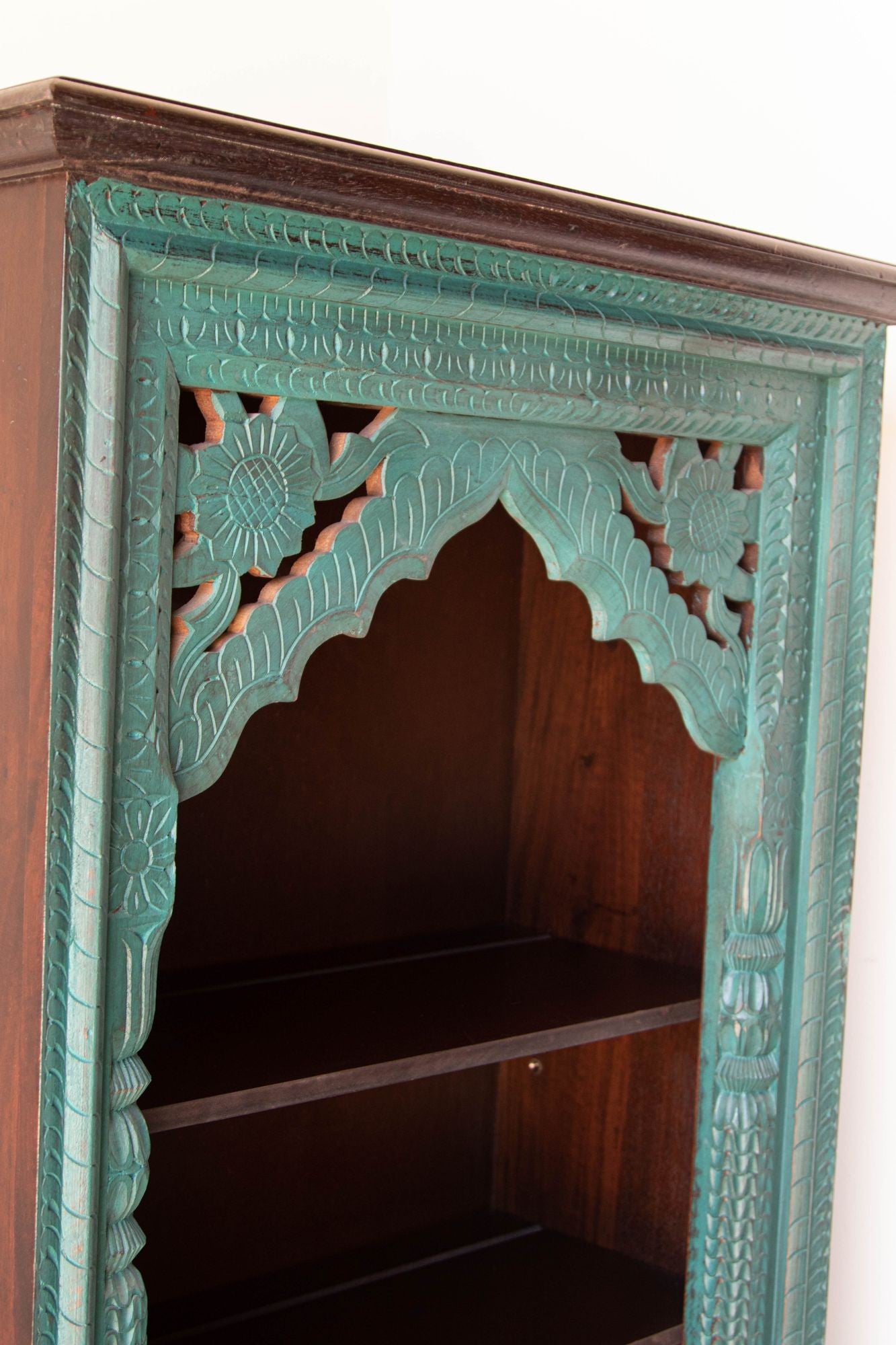 Hand-Carved Arch Bookshelf Wooden Cabinet in Rustic Blue