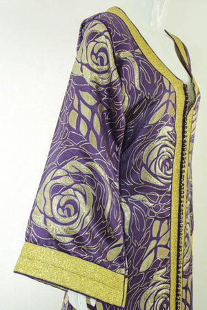 Moroccan Caftan Purple and Gold Damask Embroidered Vintage Kaftan 1960s