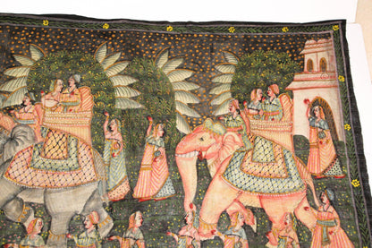 Large Vintage Mughal Raj Silk Painting of a Maharaja Royal Procession — India
