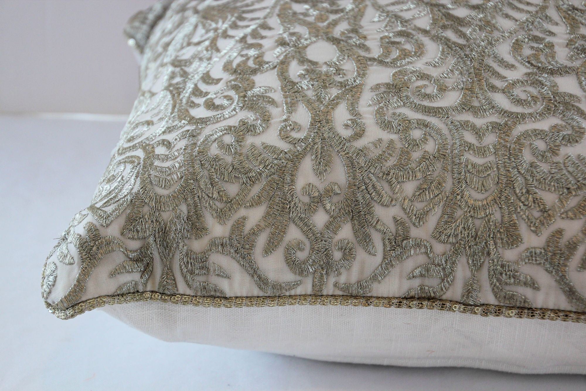 Turkish Moorish Ottoman Style Throw Pillow with Silver Metallic Embroidery