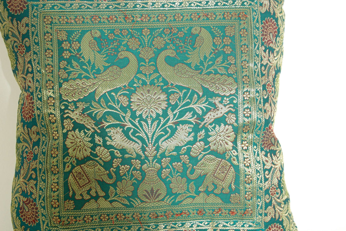 Emerald Green Exotic Silk Throw Pillow with Elephants and Peacocks India
